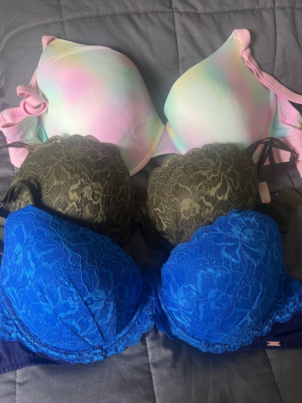 Victoria’s Secret bras THREE!Women’s Lace Push-Up Bra - Blue, Olive & Pastel